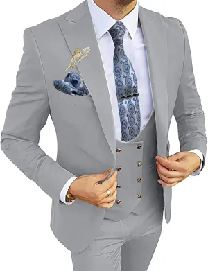 MOGU Mens Suits Gold Buttons 3 Piece Slim Fit Tuxedo Suit Set Blazer Vest Pants for Wedding Prom