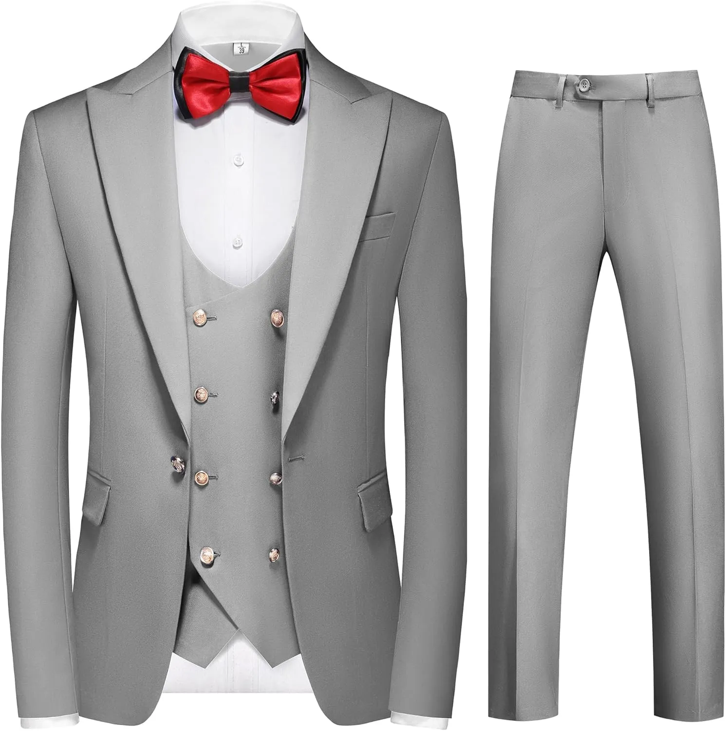 MOGU Mens Suits Gold Buttons 3 Piece Slim Fit Tuxedo Suit Set Blazer Vest Pants for Wedding Prom