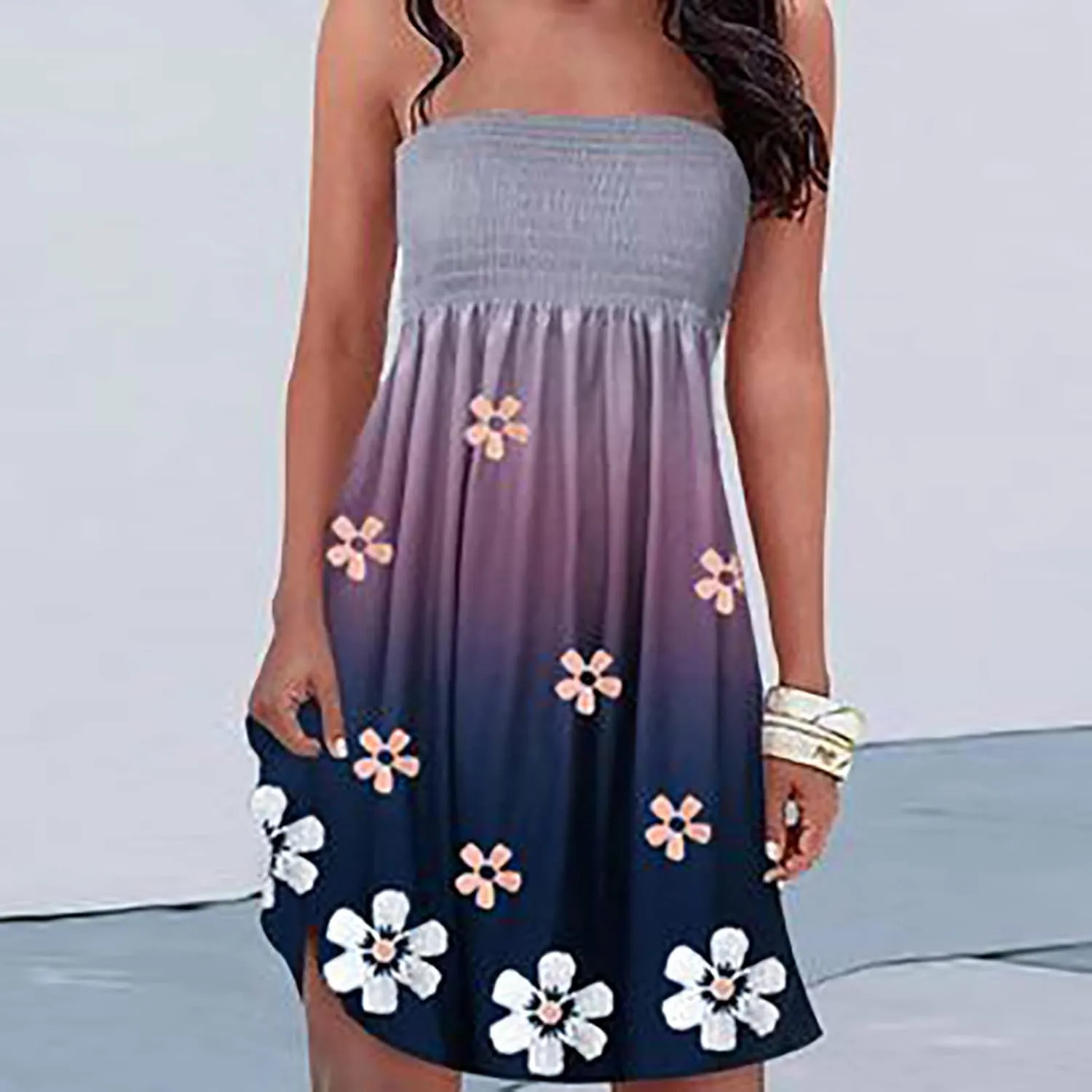 NaRHbrg Summer Dresses for Women Sleeveless Beach Mini Dress Sexy Tube Top Dress Smocked Off Shoulder Strapless Boho Sundress