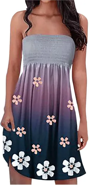 NaRHbrg Summer Dresses for Women Sleeveless Beach Mini Dress Sexy Tube Top Dress Smocked Off Shoulder Strapless Boho Sundress
