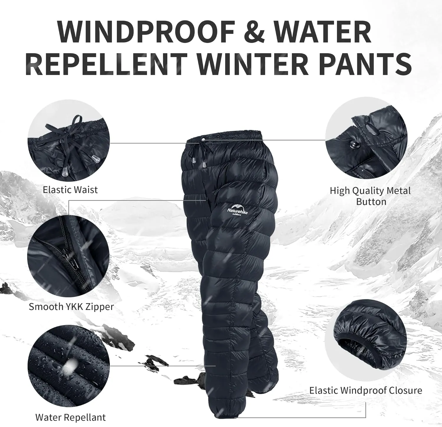 Naturehike Down Pants,Men's Women's Puffy Pants,Winter Warm Outdoor Men Women Ski Snow Pants,Camping Hiking Pants