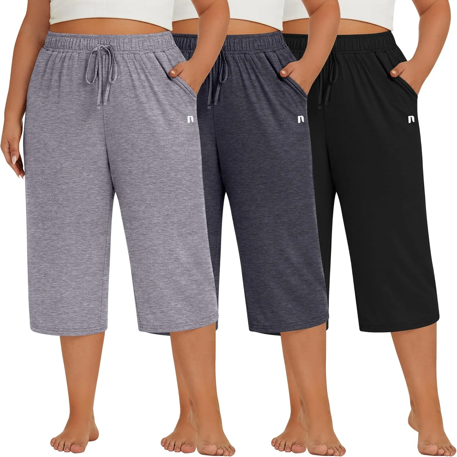 Neer 3 Pack Women's Plus Size Capris, Cotton Wide Leg Pants Casual Drawstring Capri Sweatpants Drawstring Pants with Pockets