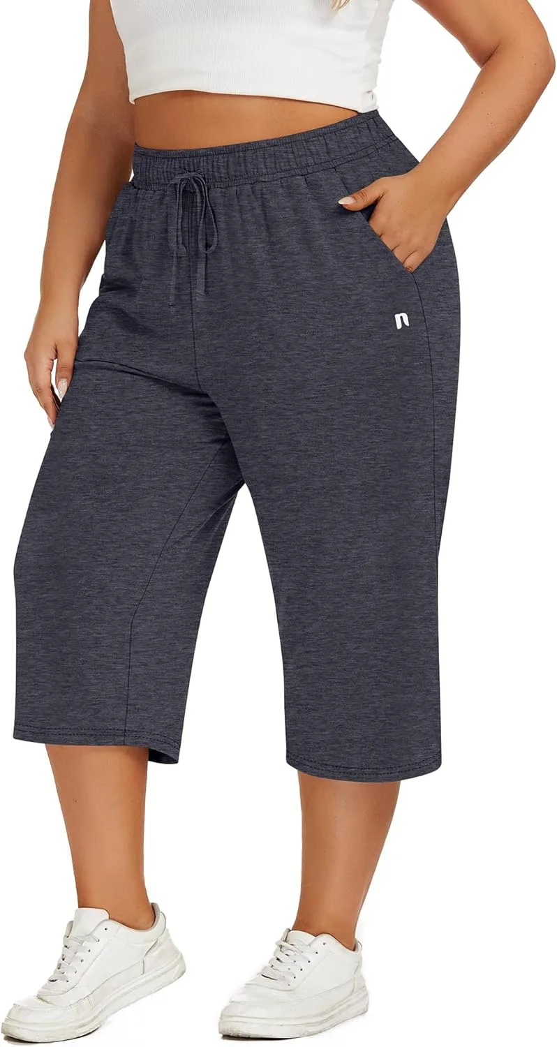 Neer 3 Pack Women's Plus Size Capris, Cotton Wide Leg Pants Casual Drawstring Capri Sweatpants Drawstring Pants with Pockets