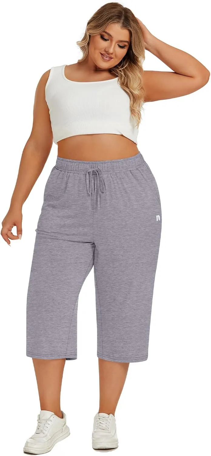 Neer 3 Pack Women's Plus Size Capris, Cotton Wide Leg Pants Casual Drawstring Capri Sweatpants Drawstring Pants with Pockets