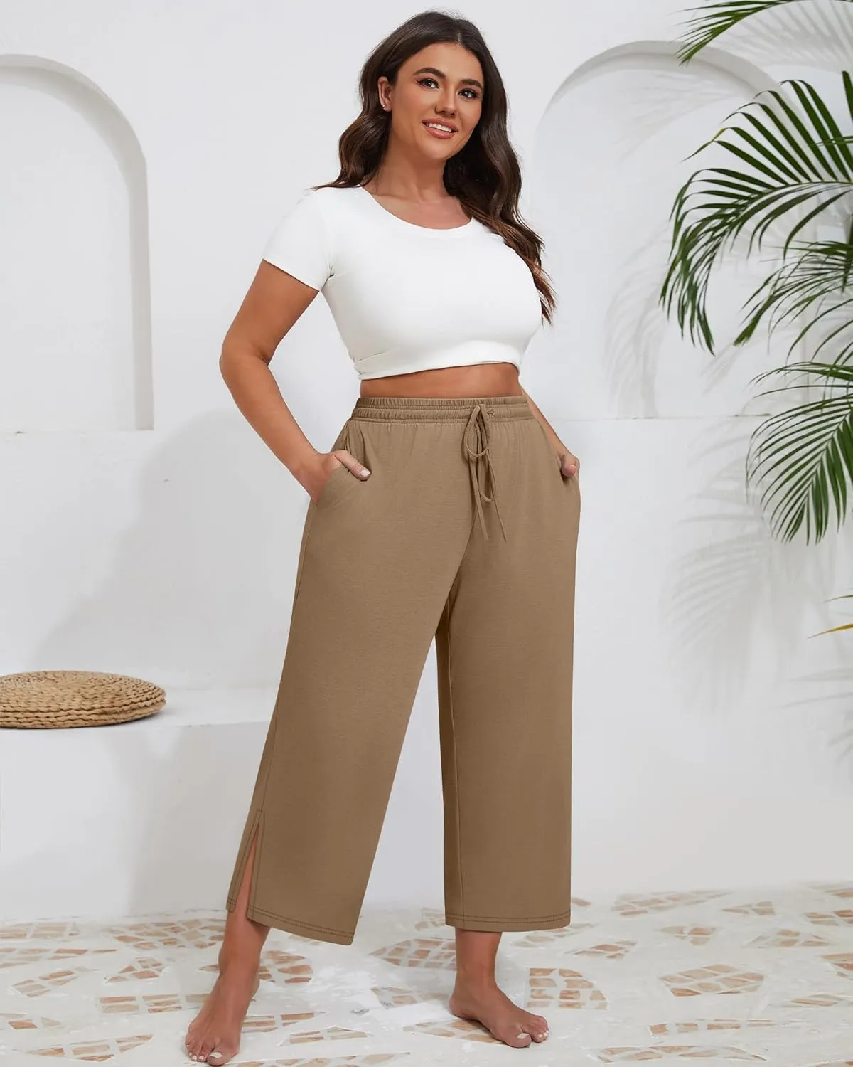 Neer 3 Pack Women's Plus Size Capris, Drawstring Cropped Wide Leg Pants Lounge Athletic Yoga Sweatpant with Pocket