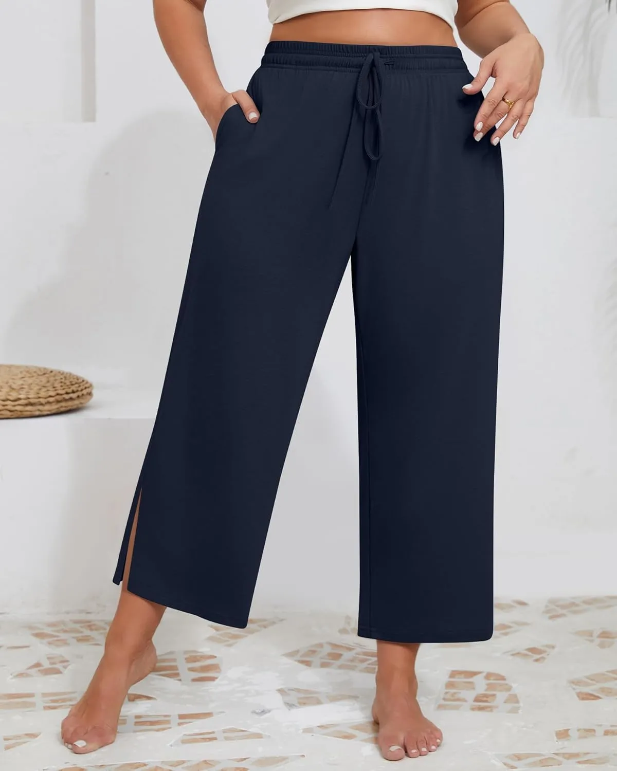 Neer 3 Pack Women's Plus Size Capris, Drawstring Cropped Wide Leg Pants Lounge Athletic Yoga Sweatpant with Pocket