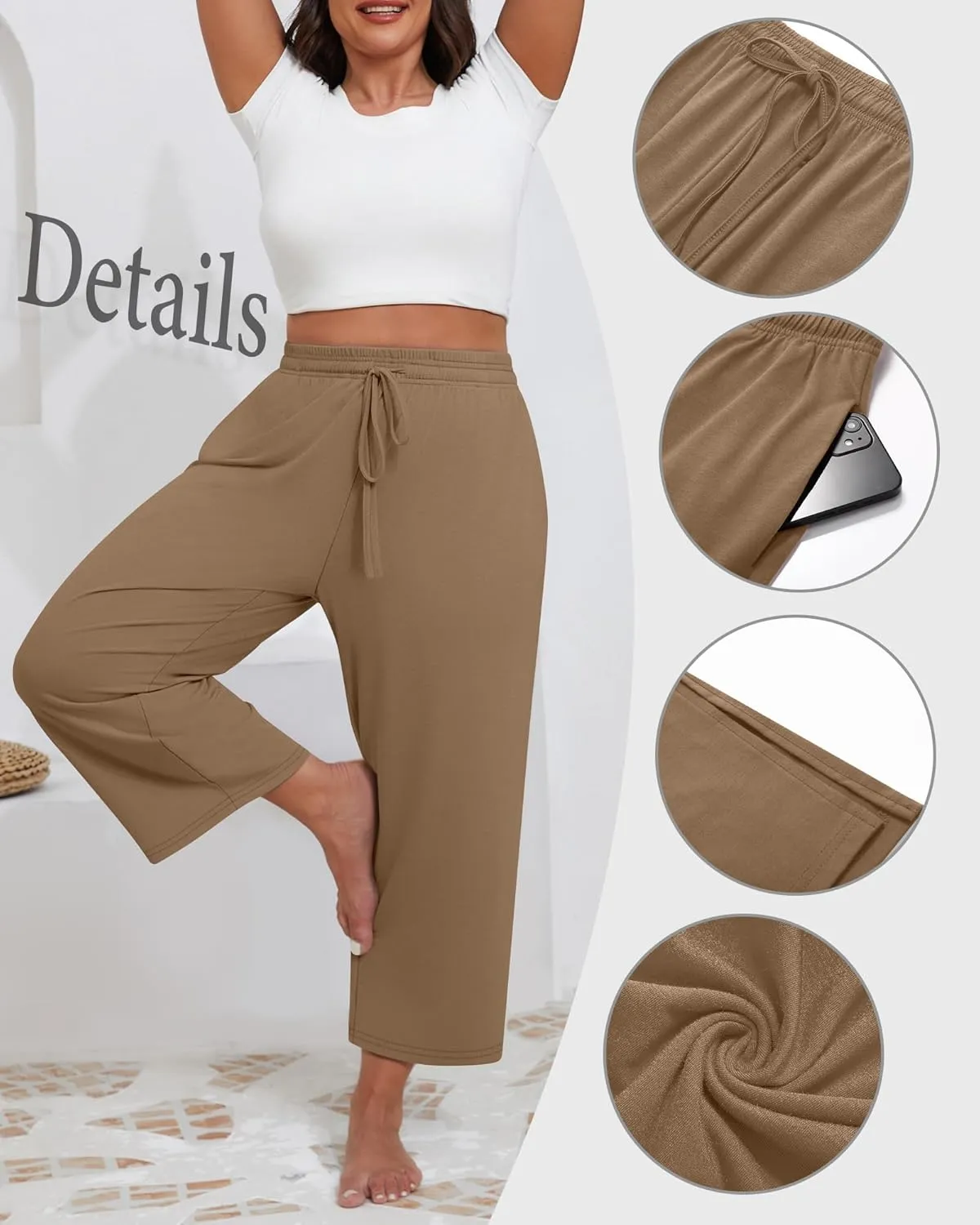 Neer 3 Pack Women's Plus Size Capris, Drawstring Cropped Wide Leg Pants Lounge Athletic Yoga Sweatpant with Pocket