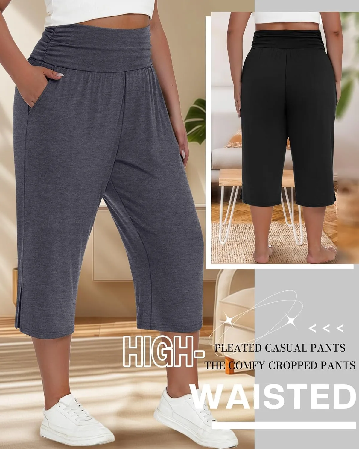 Neer 3 Pack Women's Plus Size Cotton Capri Pants High Waisted Wide Leg Loose Lounge Yoga Cropped Sweatpants with Pockets