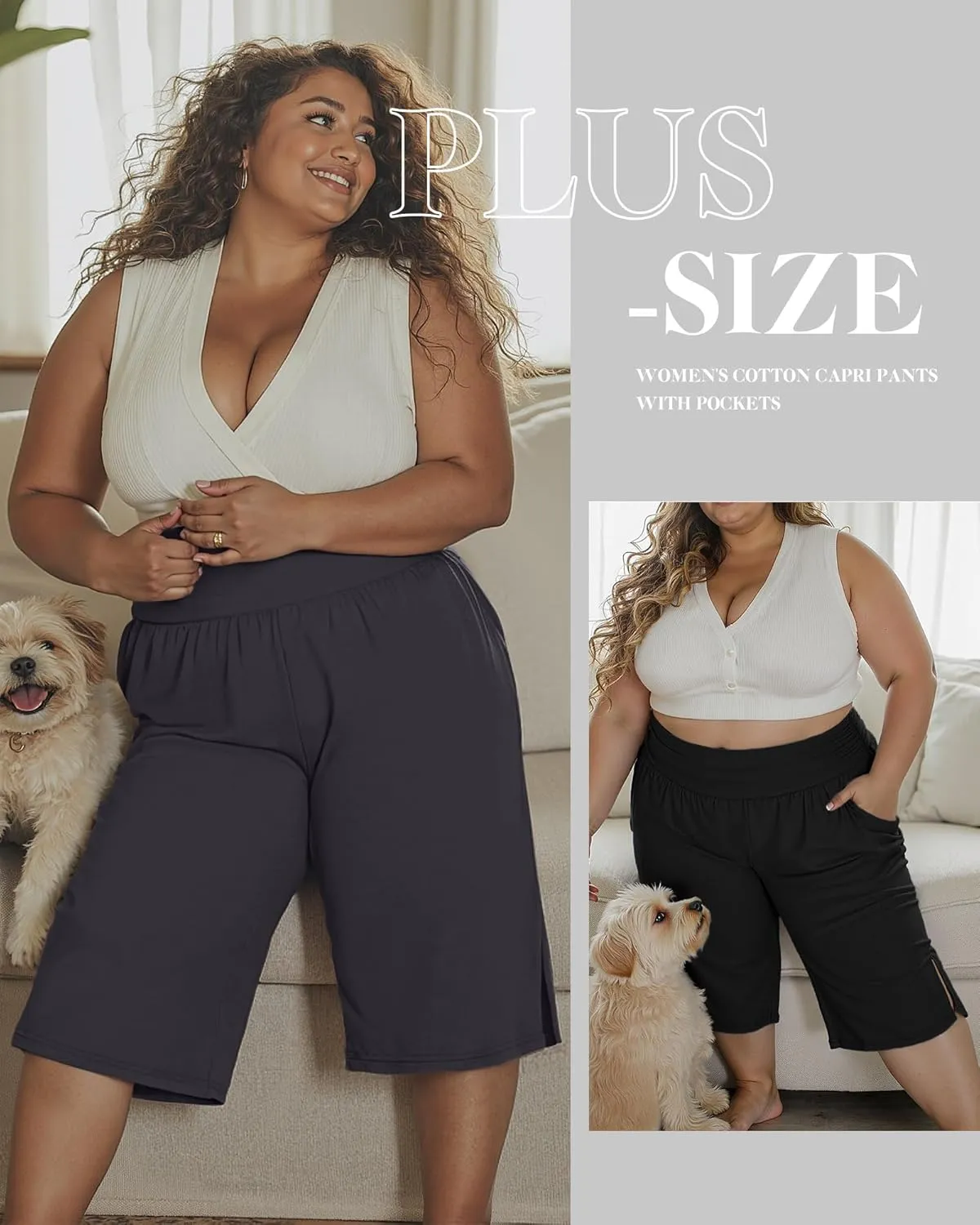 Neer 3 Pack Women's Plus Size Cotton Capri Pants High Waisted Wide Leg Loose Lounge Yoga Cropped Sweatpants with Pockets