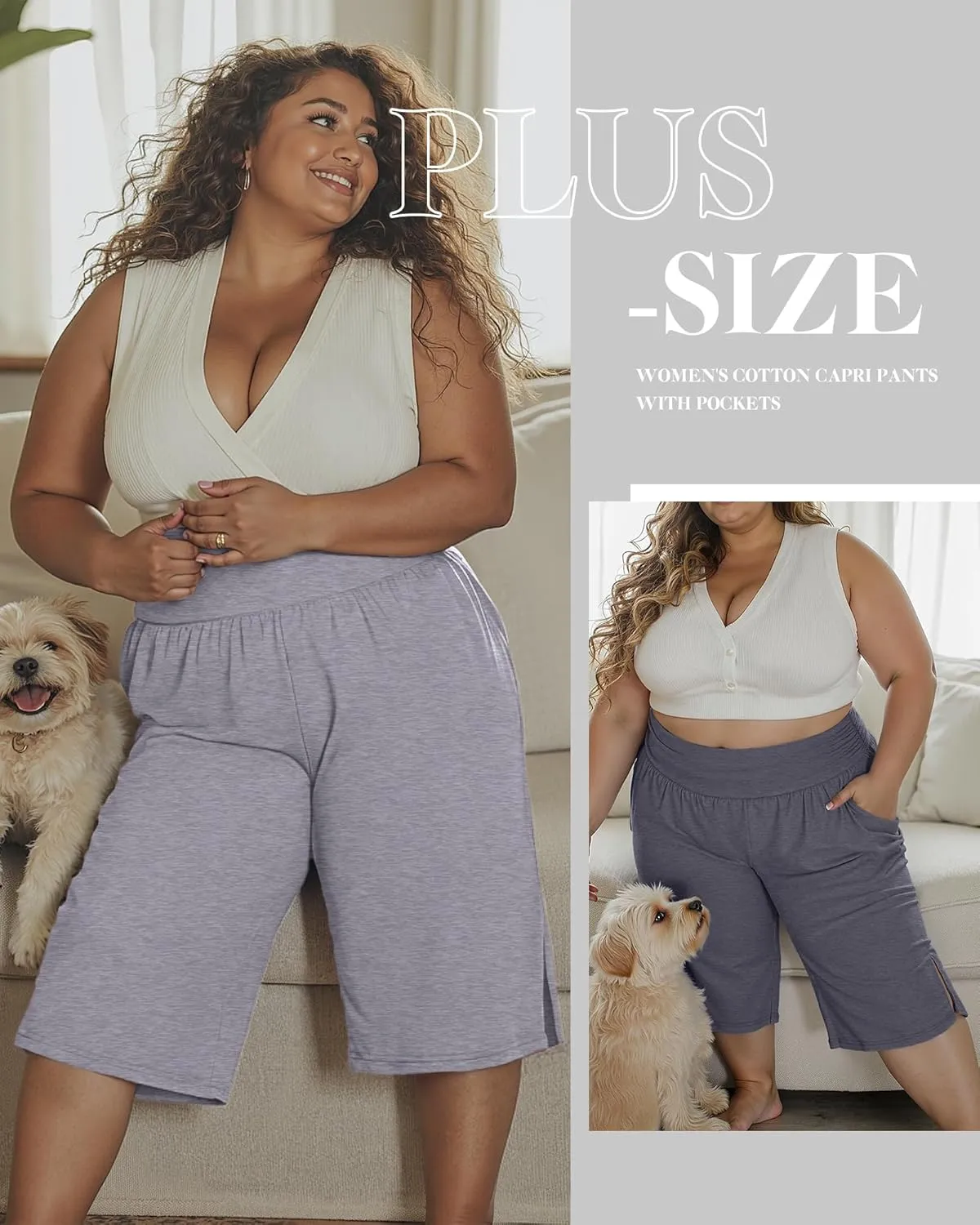 Neer 3 Pack Women's Plus Size Cotton Capri Pants High Waisted Wide Leg Loose Lounge Yoga Cropped Sweatpants with Pockets