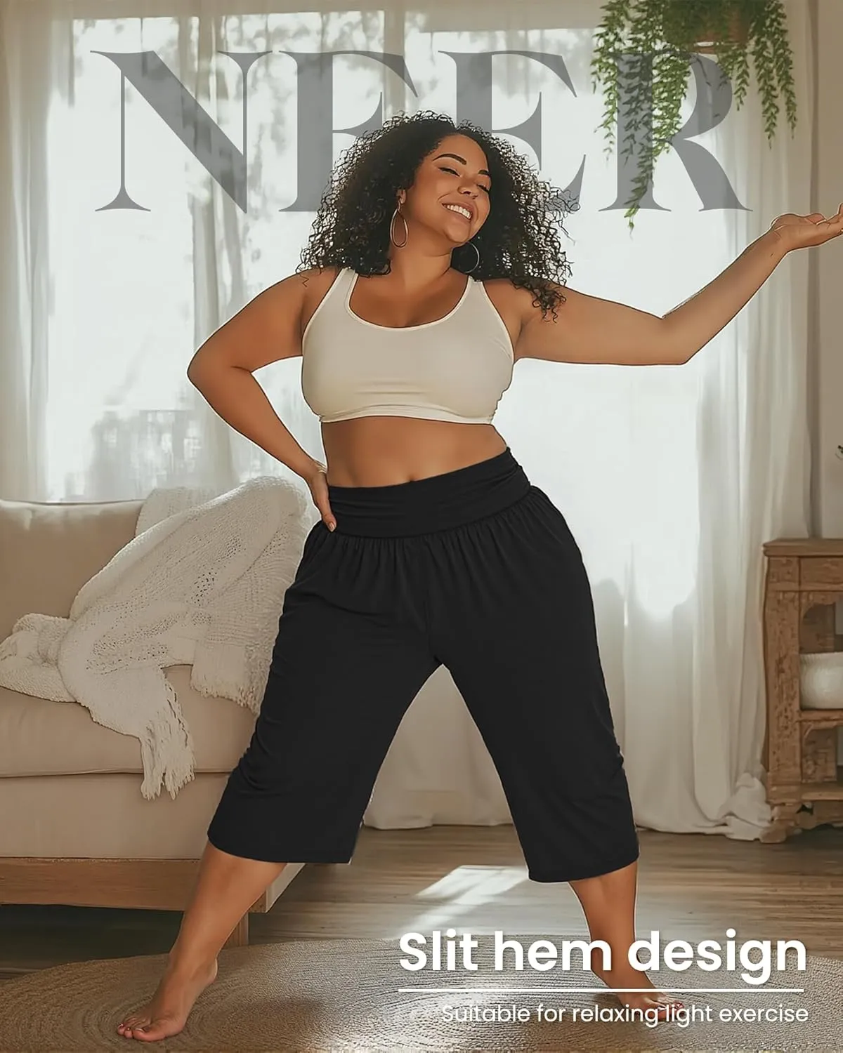 Neer 3 Pack Women's Plus Size Cotton Capri Pants High Waisted Wide Leg Loose Lounge Yoga Cropped Sweatpants with Pockets