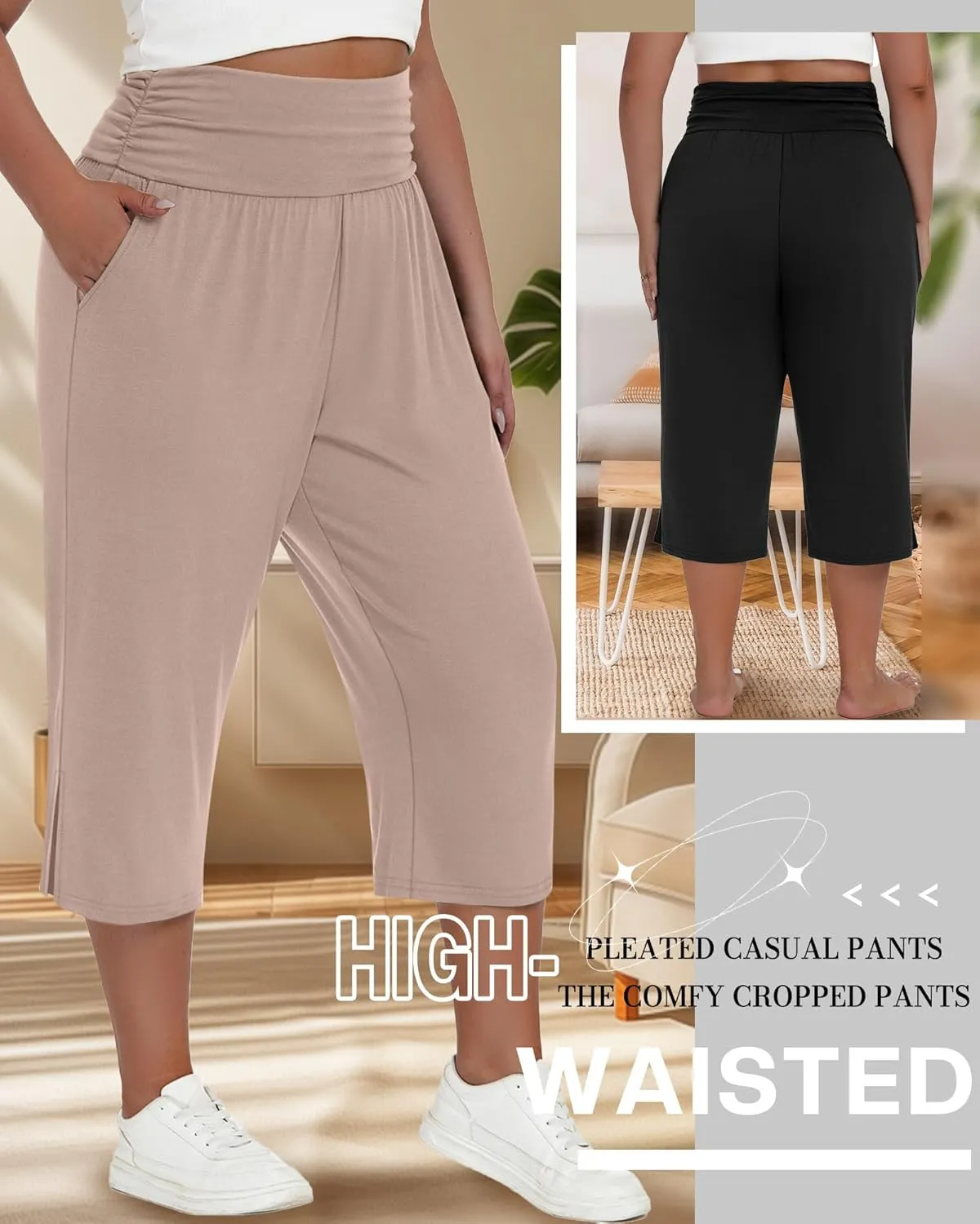 Neer 3 Pack Women's Plus Size Cotton Capri Pants High Waisted Wide Leg Loose Lounge Yoga Cropped Sweatpants with Pockets