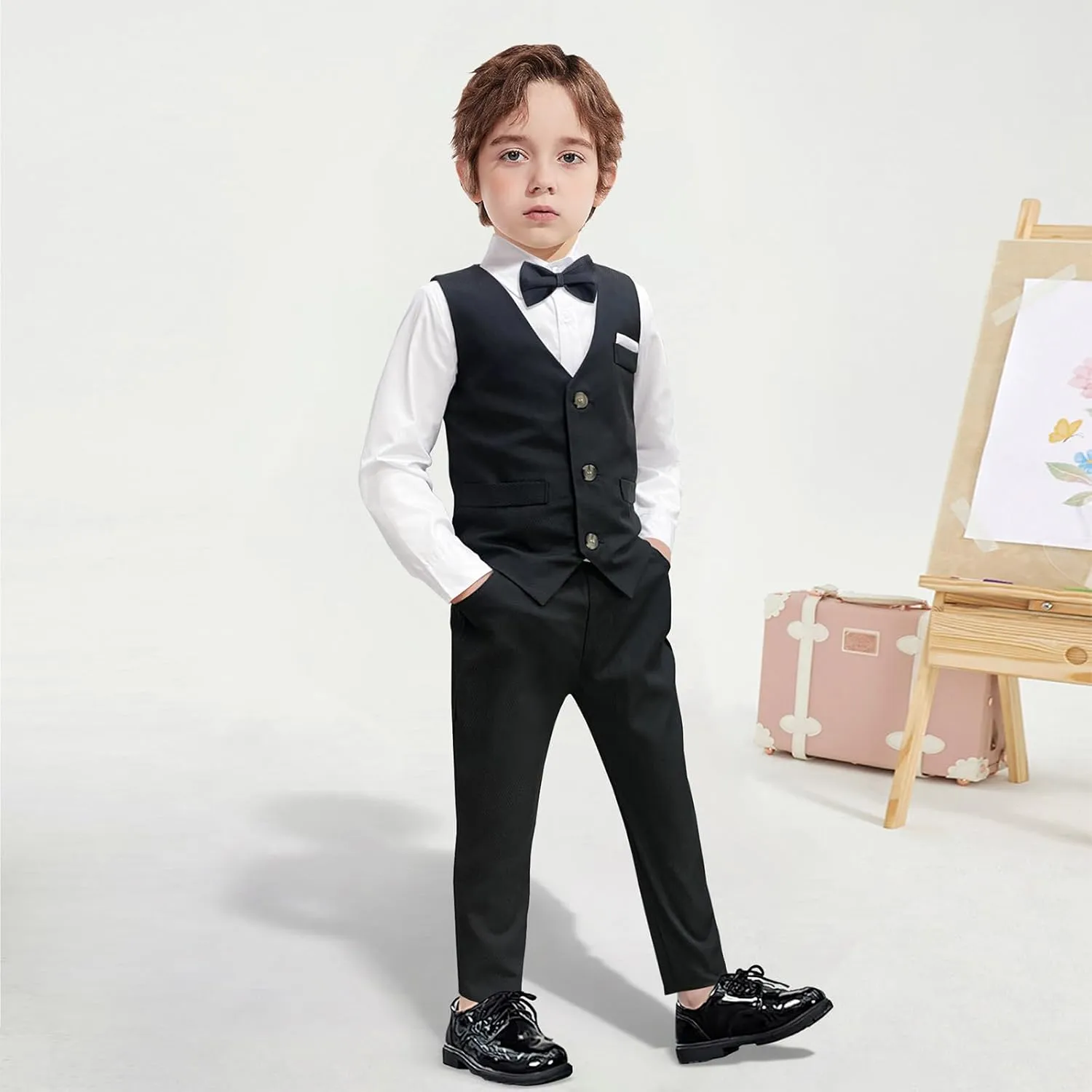 Nwada Boys Suit Set Formal Dress Shirt with Bow Tie, Slim Vest and Pants Toddler Boy Clothes Suits