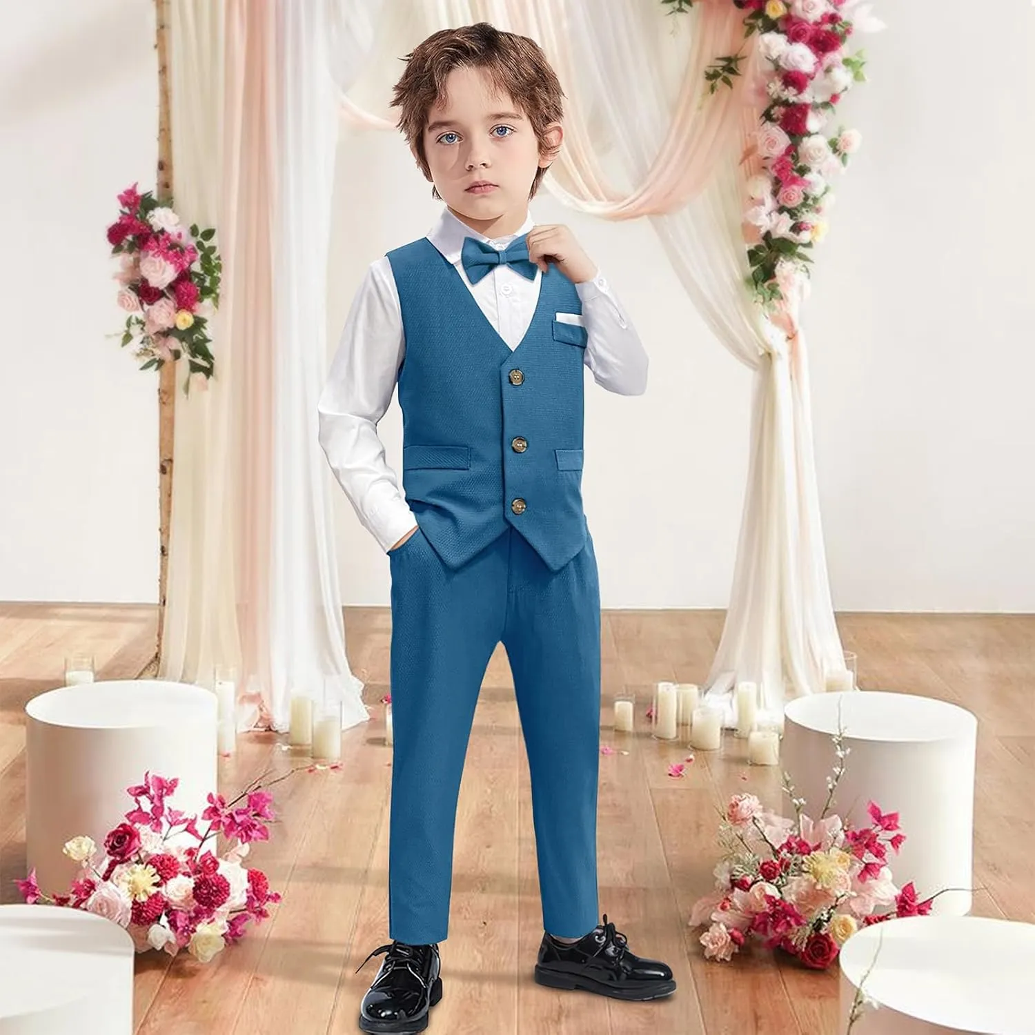 Nwada Boys Suit Set Formal Dress Shirt with Bow Tie, Slim Vest and Pants Toddler Boy Clothes Suits