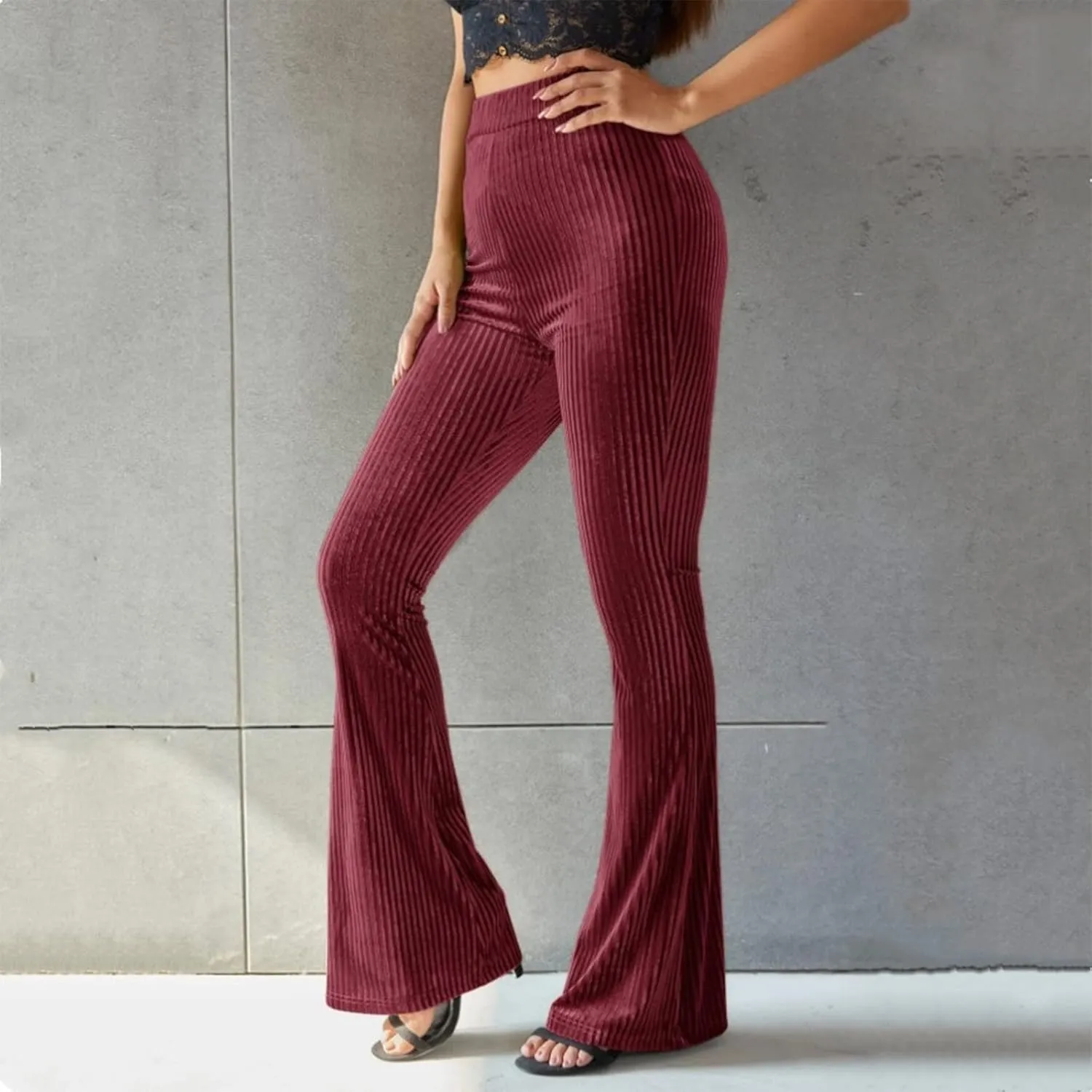 ODIZLI Women Velvet High Waisted Wide Leg Palazzo Flare Pants Solid Long Trousers