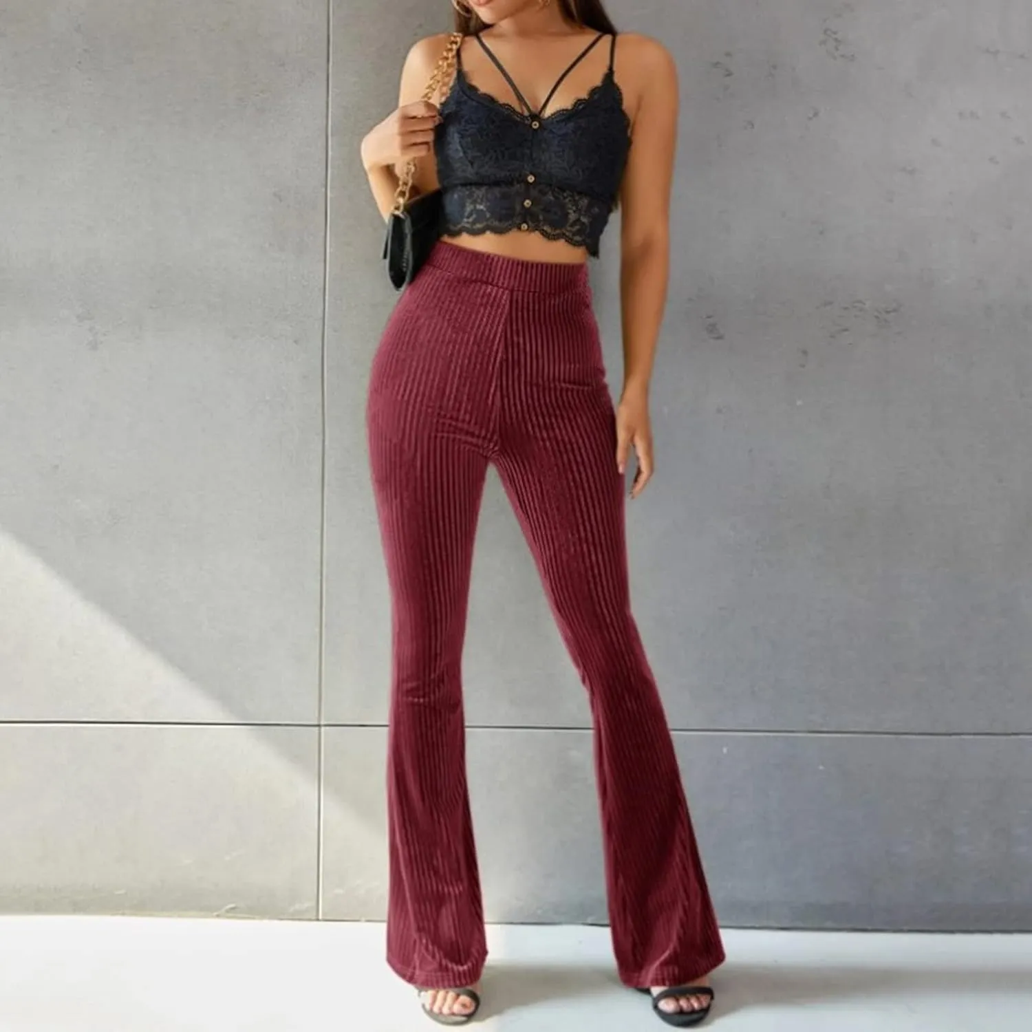 ODIZLI Women Velvet High Waisted Wide Leg Palazzo Flare Pants Solid Long Trousers