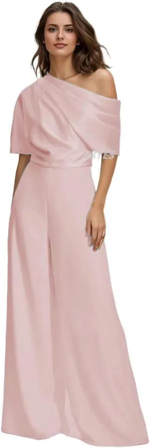 One Shoulder Mother of The Bride Pantsuits for Wedding Short Sleeve Satin Formal Jumpsuit for Women