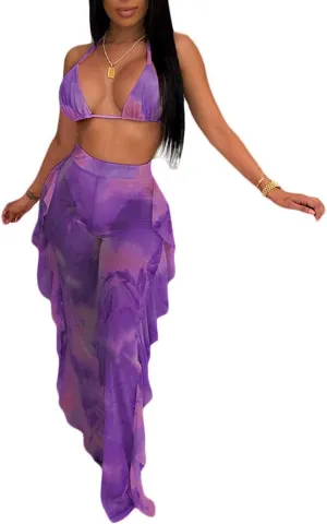 Ophestin Womens Sexy Halter Sheer Bikini Ruffle Long Pants Set 2 Piece Swimsuit