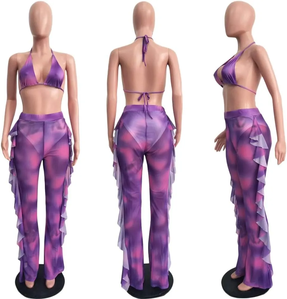 Ophestin Womens Sexy Halter Sheer Bikini Ruffle Long Pants Set 2 Piece Swimsuit