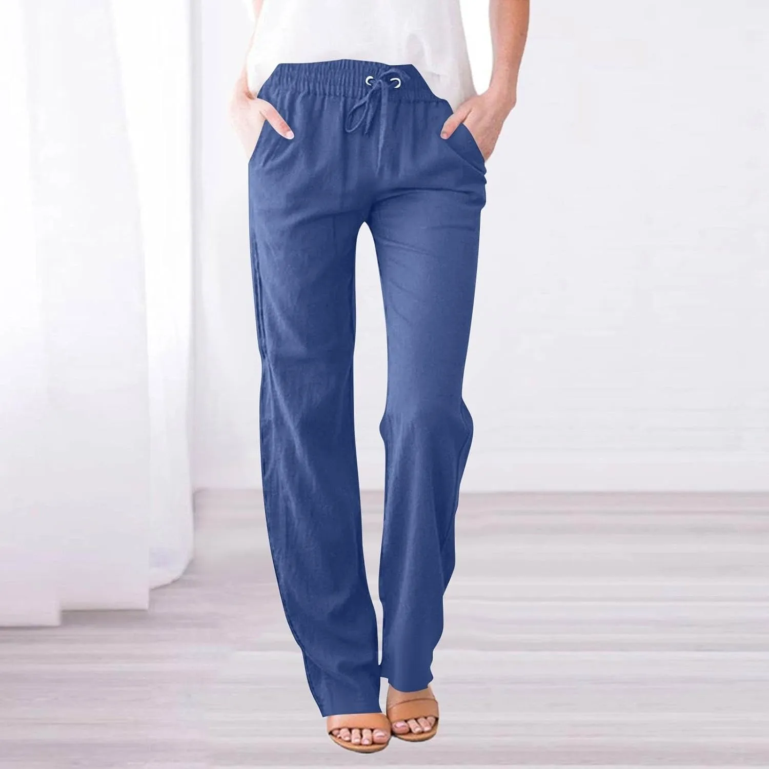 Pants for Women, Cotton Linen High Waisted Pants Straight Leg Wide Smocked