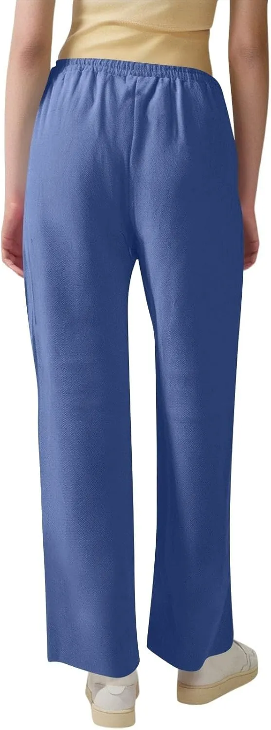 Pants for Women, Cotton Linen High Waisted Pants Straight Leg Wide Smocked