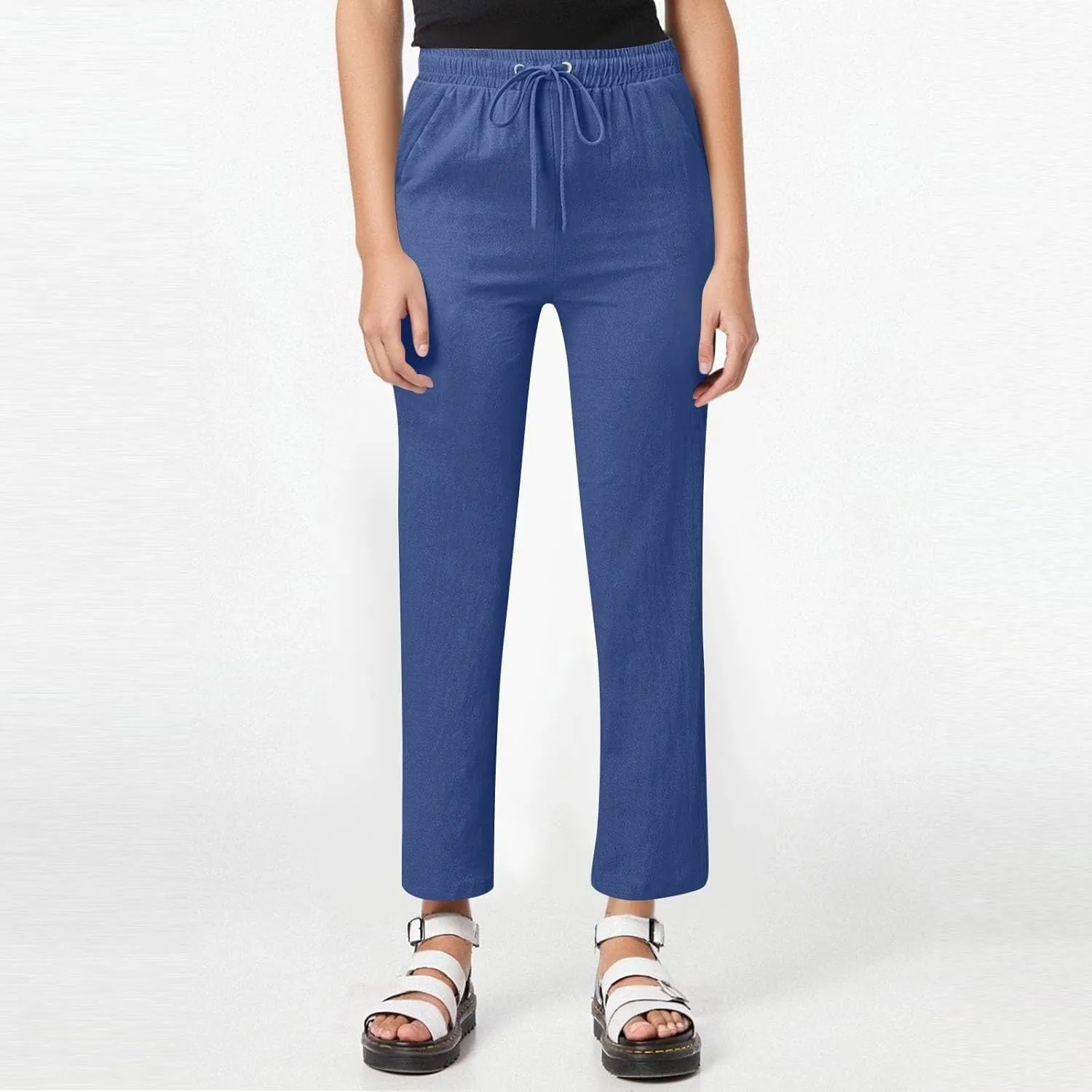 Pants for Women, Cotton Linen High Waisted Pants Straight Leg Wide Smocked
