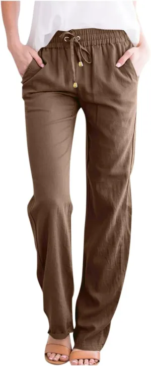 Pants for Women, Cotton Linen High Waisted Pants Straight Leg Wide Smocked