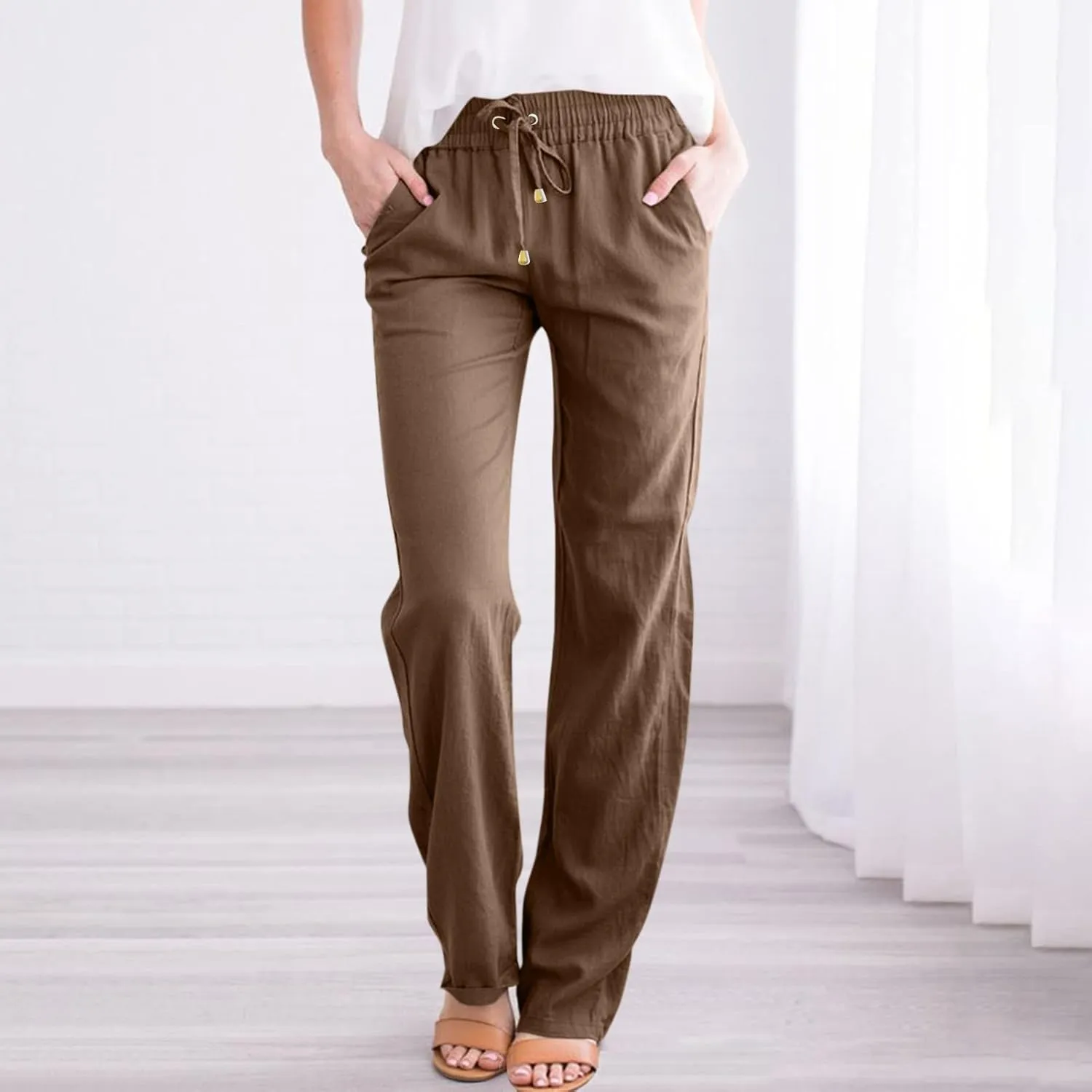 Pants for Women, Cotton Linen High Waisted Pants Straight Leg Wide Smocked