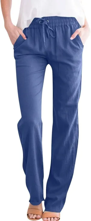 Pants for Women, Cotton Linen High Waisted Pants Straight Leg Wide Smocked