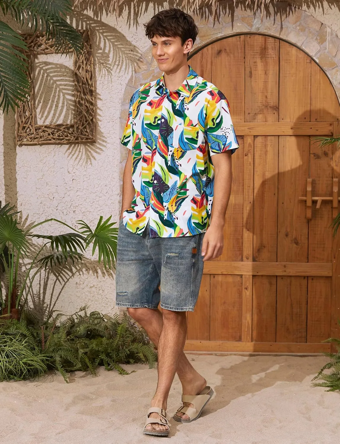 PATPAT Couples Matching Hawaiian Outfits: Beach Vacation Tropical Print Women Spaghetti Strap Maxi Dress or Men Cruise Shirt