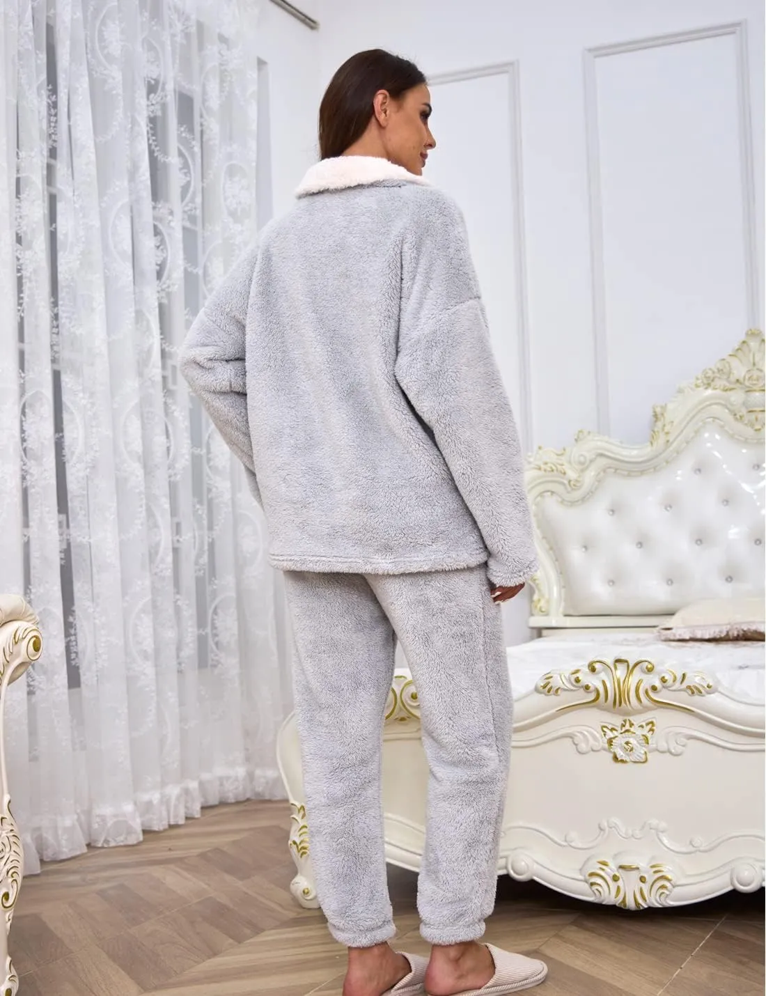 Peaceglad Women' s Fluffy Pajamas Set Fleece Pullover Pants Loose Plush Winter Chrismas Sleepwear