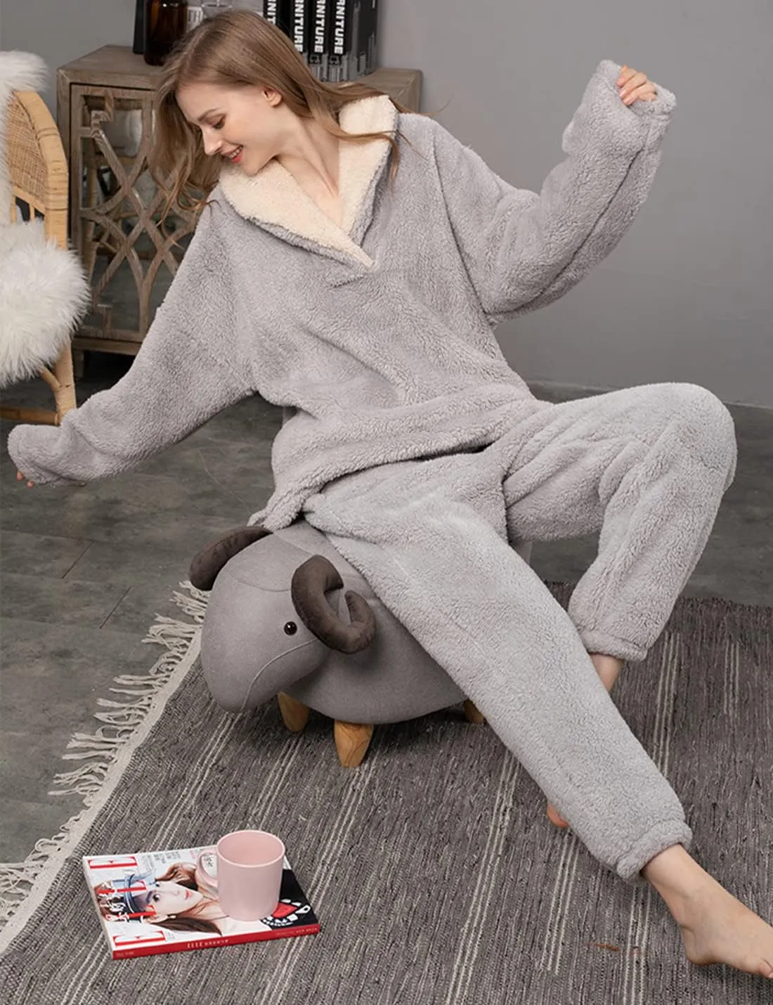 Peaceglad Women' s Fluffy Pajamas Set Fleece Pullover Pants Loose Plush Winter Chrismas Sleepwear