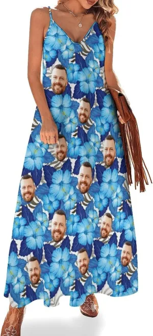 Personalized Women Summer Dresses Custom Faces Funny Sundress Hawaiian Dress Casual Beach Swing Dress with Pockets