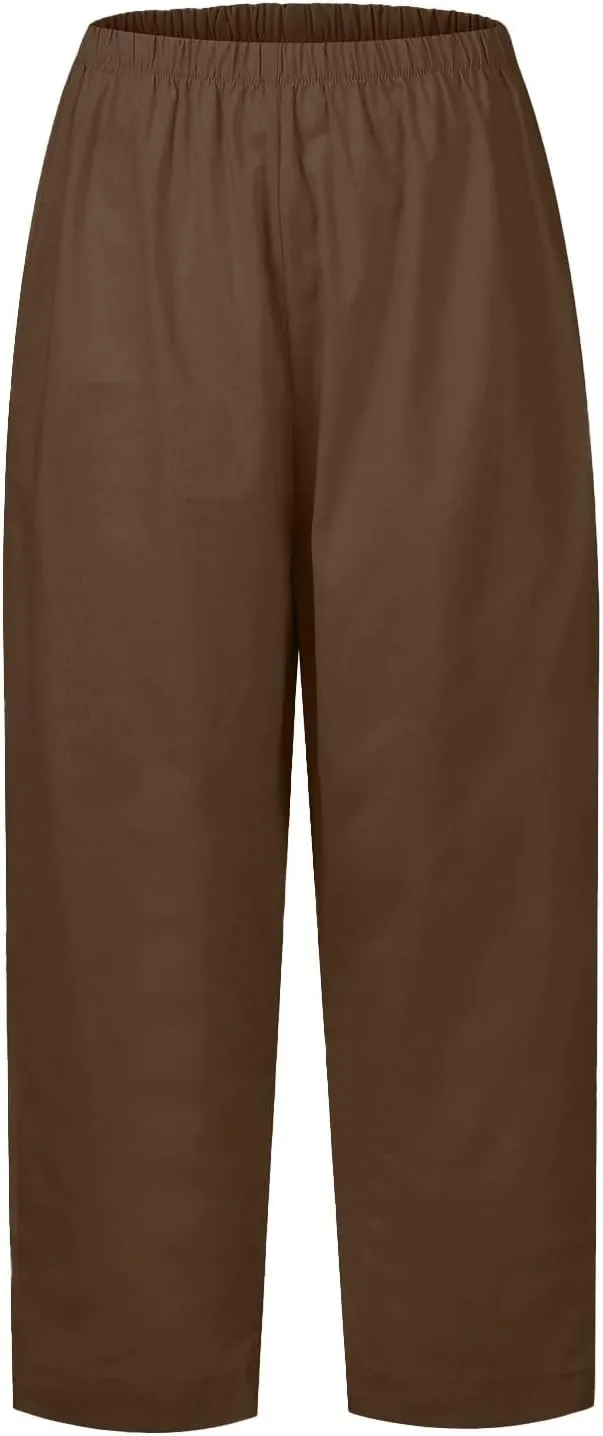 Plus Size Linen Cropped Pants for Women Summer Petite Lightweight Wide Leg Palazzo Elastic Waist Ladies Capri Pants