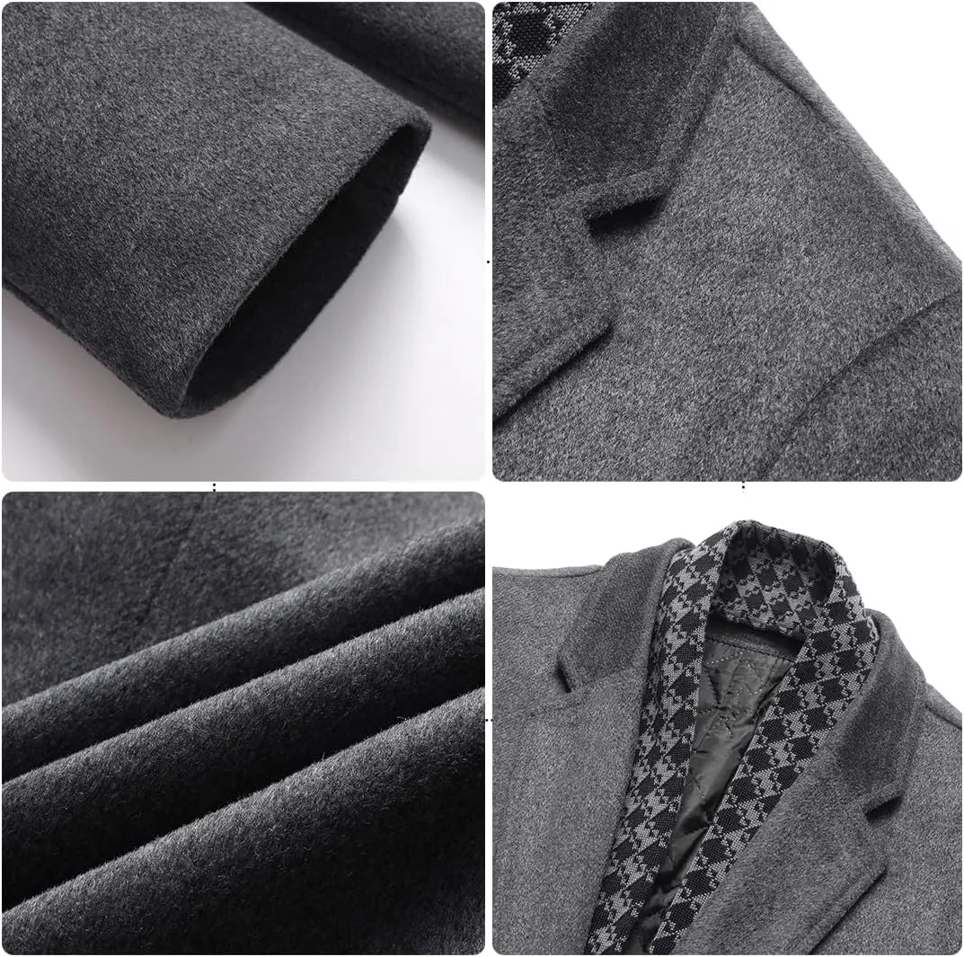 PRIJOUHE Men's Wool Coat Hoodie Long Trench Coat Cotton Casual Woollen Overcoat Jacket