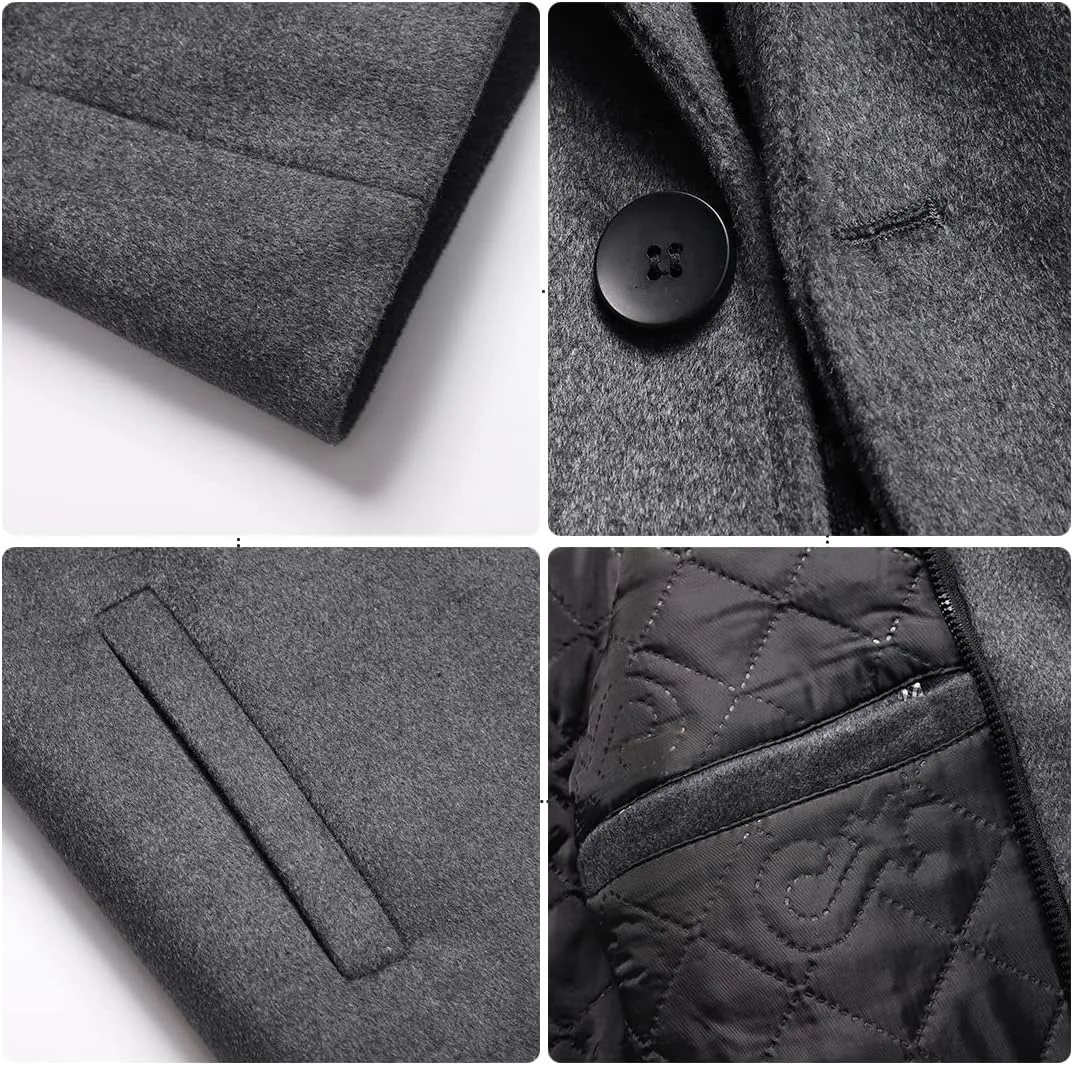 PRIJOUHE Men's Wool Coat Hoodie Long Trench Coat Cotton Casual Woollen Overcoat Jacket