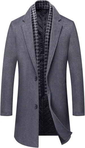 PRIJOUHE Men's Wool Coat Hoodie Long Trench Coat Cotton Casual Woollen Overcoat Jacket