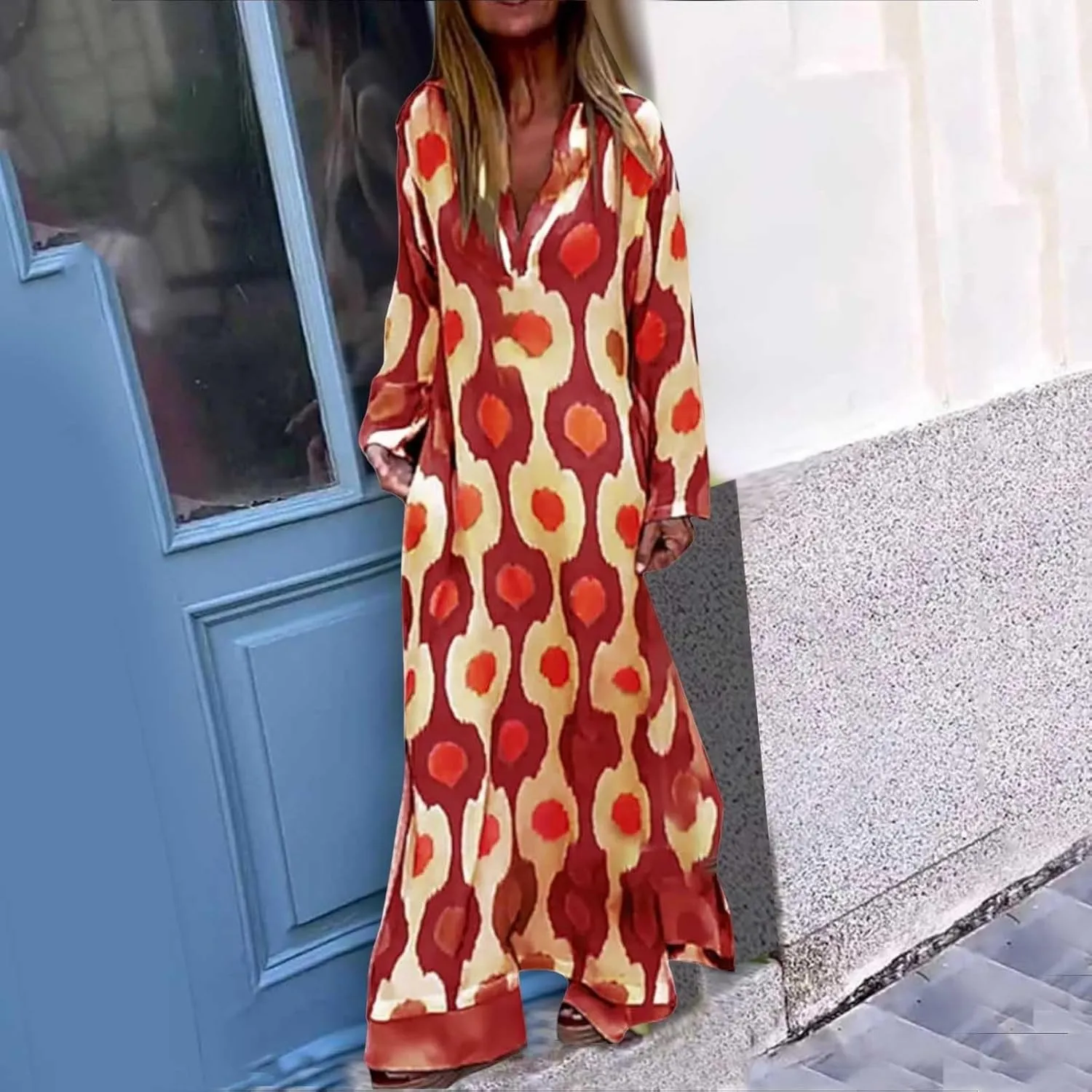 PTOLOCIF Boho Dress for Womens Long Sleeve Pleated V Neck Maxi Dress Plus Size Tiered Dress Casual Loose Flowy Beach Sundress