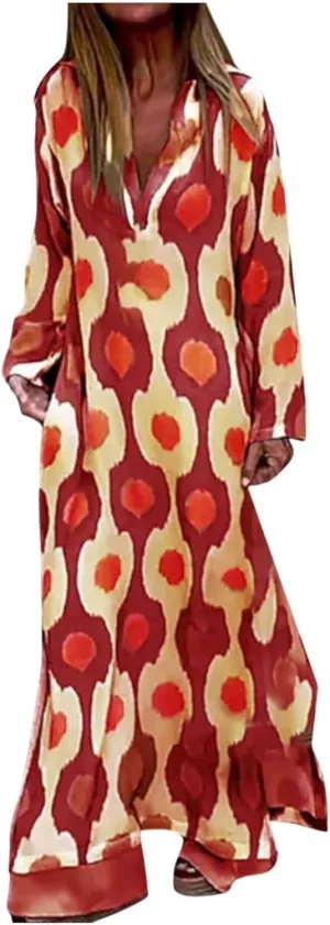 PTOLOCIF Boho Dress for Womens Long Sleeve Pleated V Neck Maxi Dress Plus Size Tiered Dress Casual Loose Flowy Beach Sundress