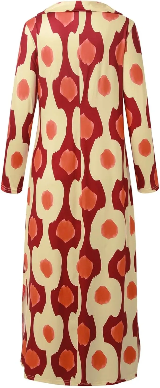 PTOLOCIF Boho Dress for Womens Long Sleeve Pleated V Neck Maxi Dress Plus Size Tiered Dress Casual Loose Flowy Beach Sundress
