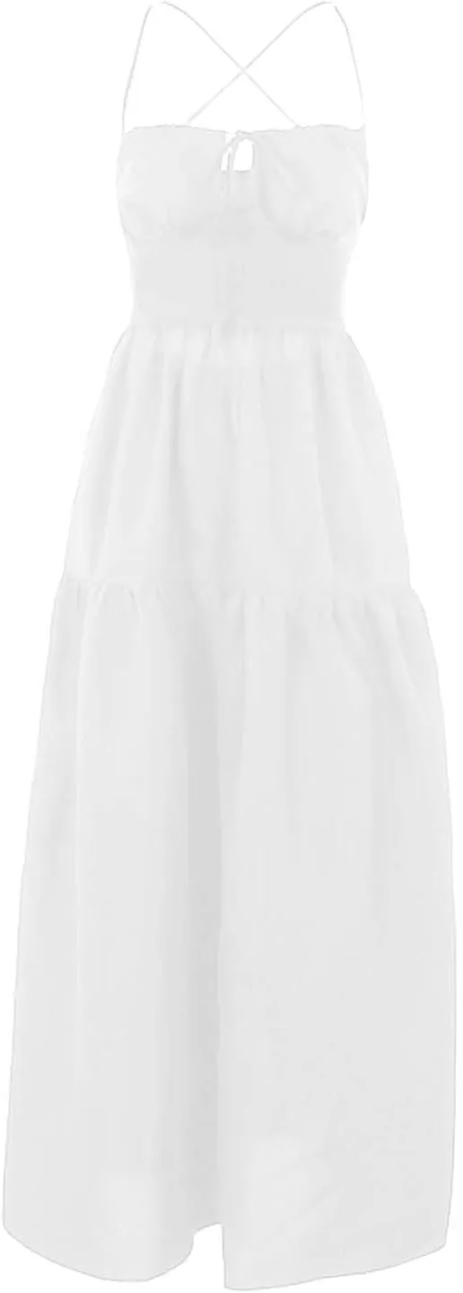 PTOLOCIF Maxi Dresses for Women Sexy Spaghetti Strappy Low Cut Sundress Trendy Sleeveless Tie V Neck Flowy Boho Beach Dress