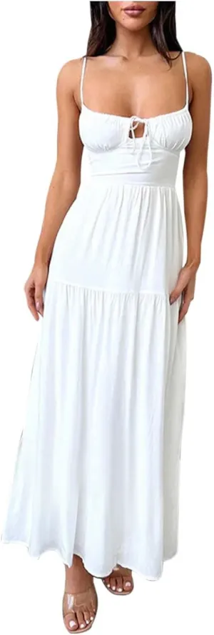PTOLOCIF Maxi Dresses for Women Sexy Spaghetti Strappy Low Cut Sundress Trendy Sleeveless Tie V Neck Flowy Boho Beach Dress