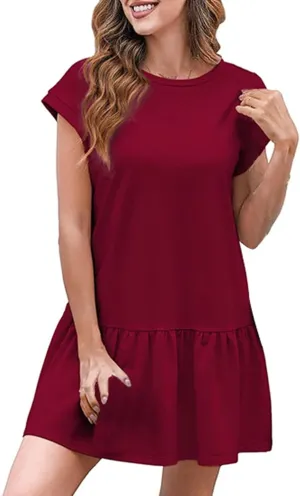 PTOLOCIF T Shirt Dress for Women Womens Summer Casual Short Sleeve Ruffle Hem Tunic Dress Crewneck Loose Mini Sundresses