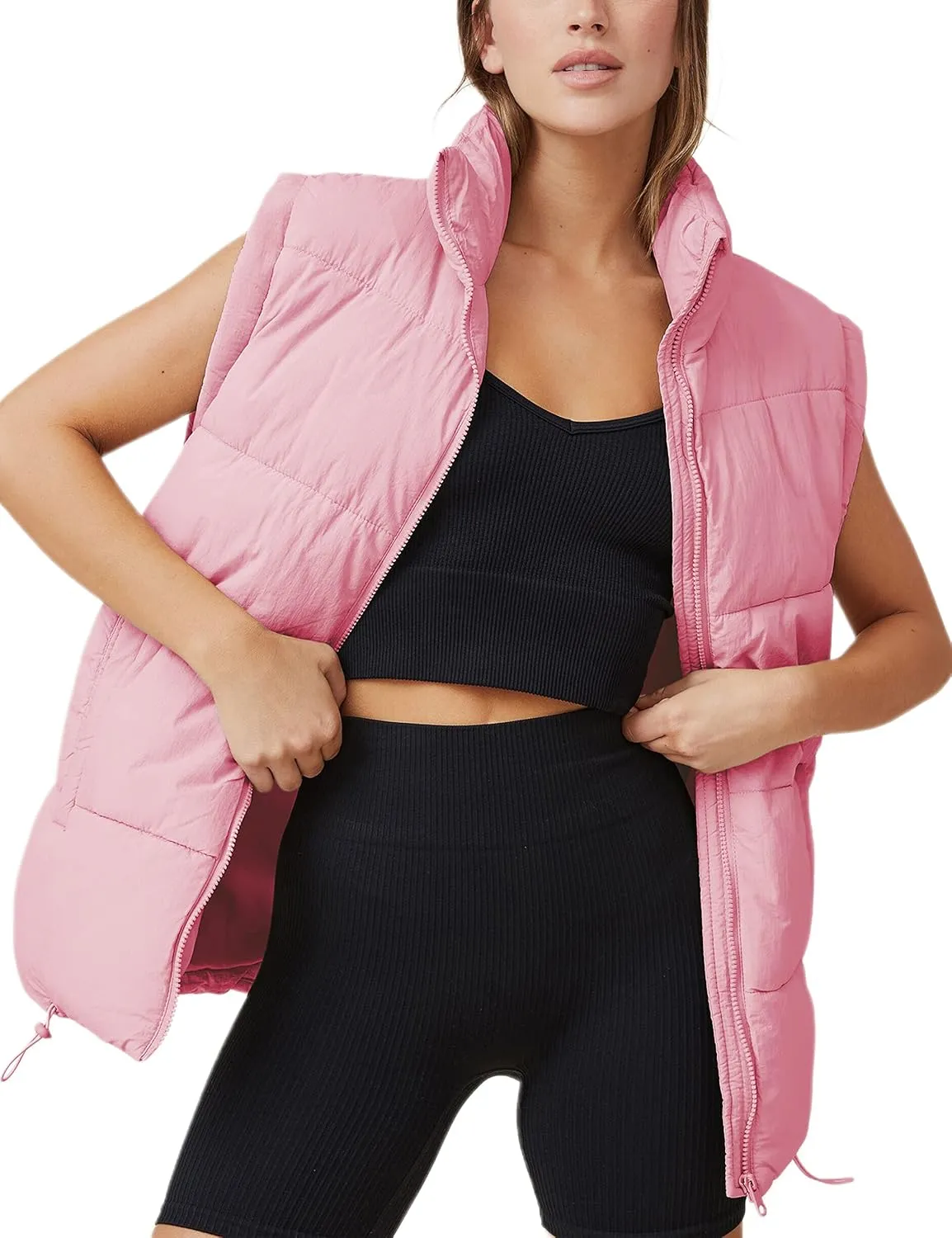 Puffer Vest Women Sleeveless Quilted Zip Up Stand Collar Oversized Coat Outwear with Pocket