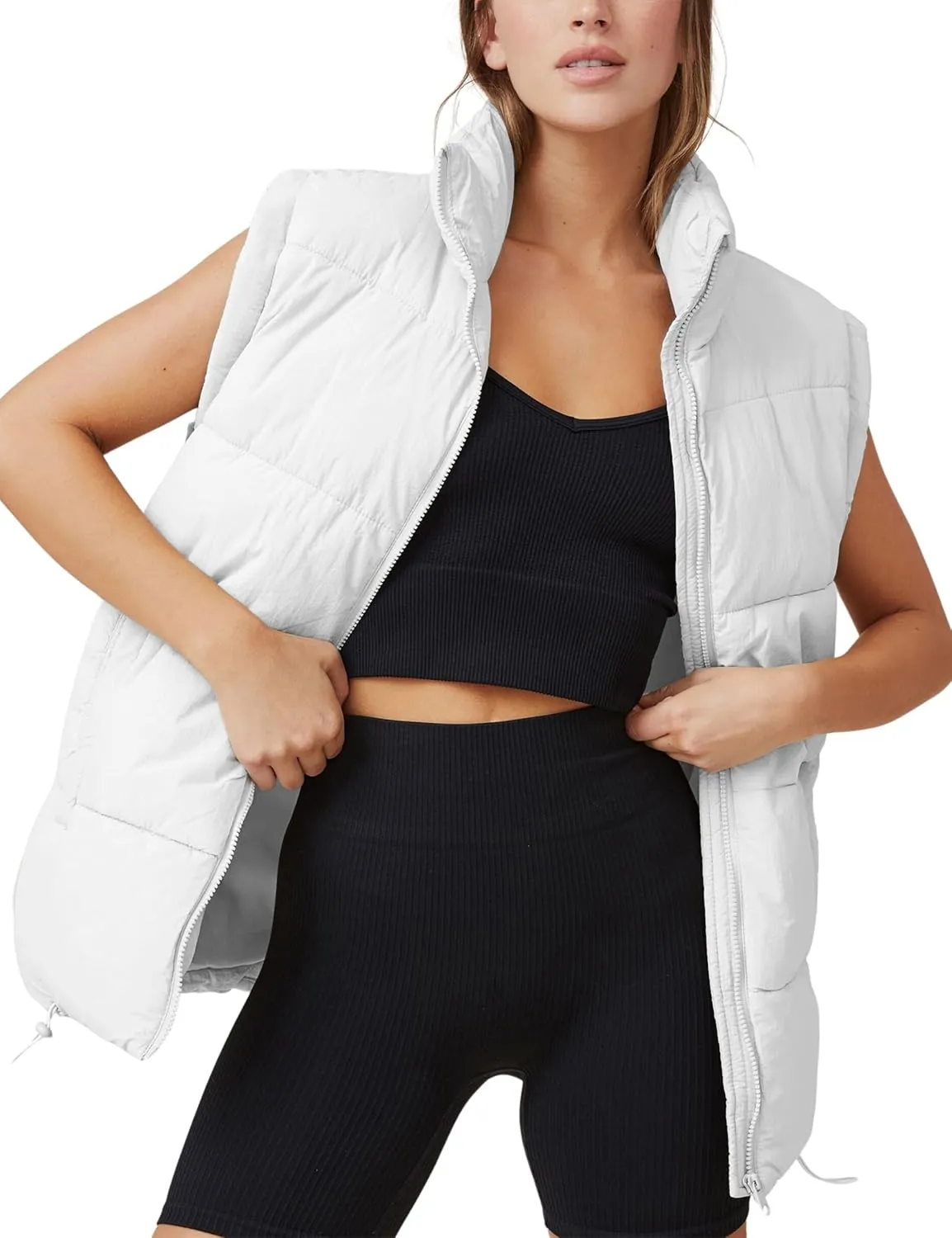 Puffer Vest Women Sleeveless Quilted Zip Up Stand Collar Oversized Coat Outwear with Pocket