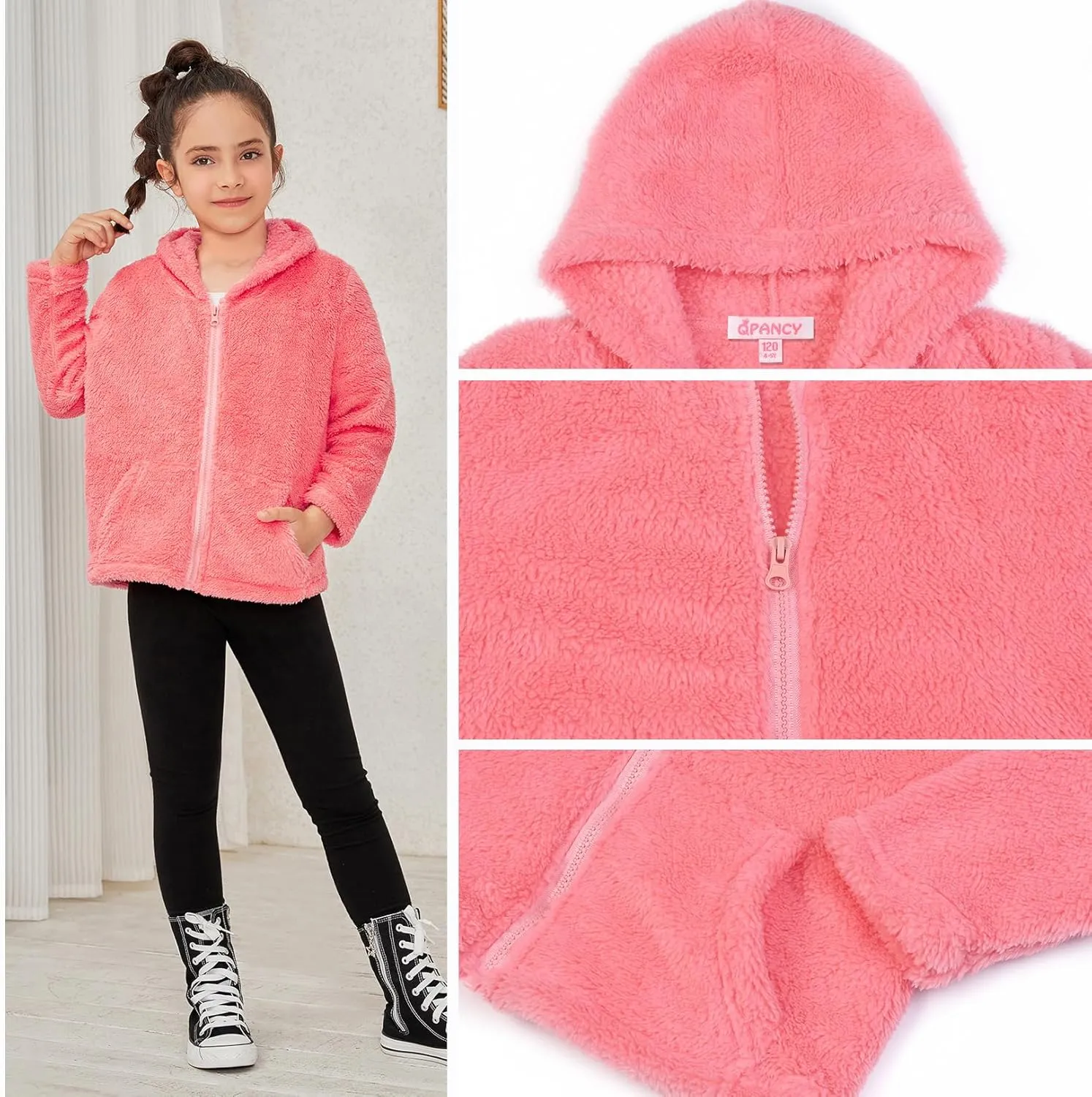 QPANCY Girls Fuzzy Sherpa Coat Full Zip Hoodie Fleece Jacket with Pockets Fall Winter Outwear