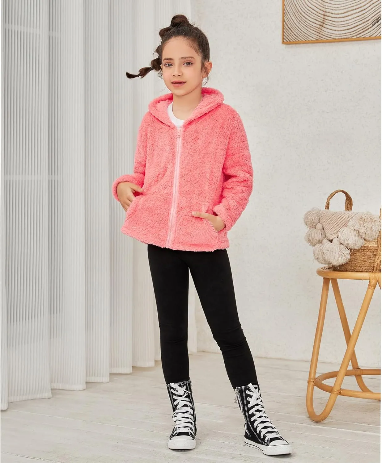 QPANCY Girls Fuzzy Sherpa Coat Full Zip Hoodie Fleece Jacket with Pockets Fall Winter Outwear