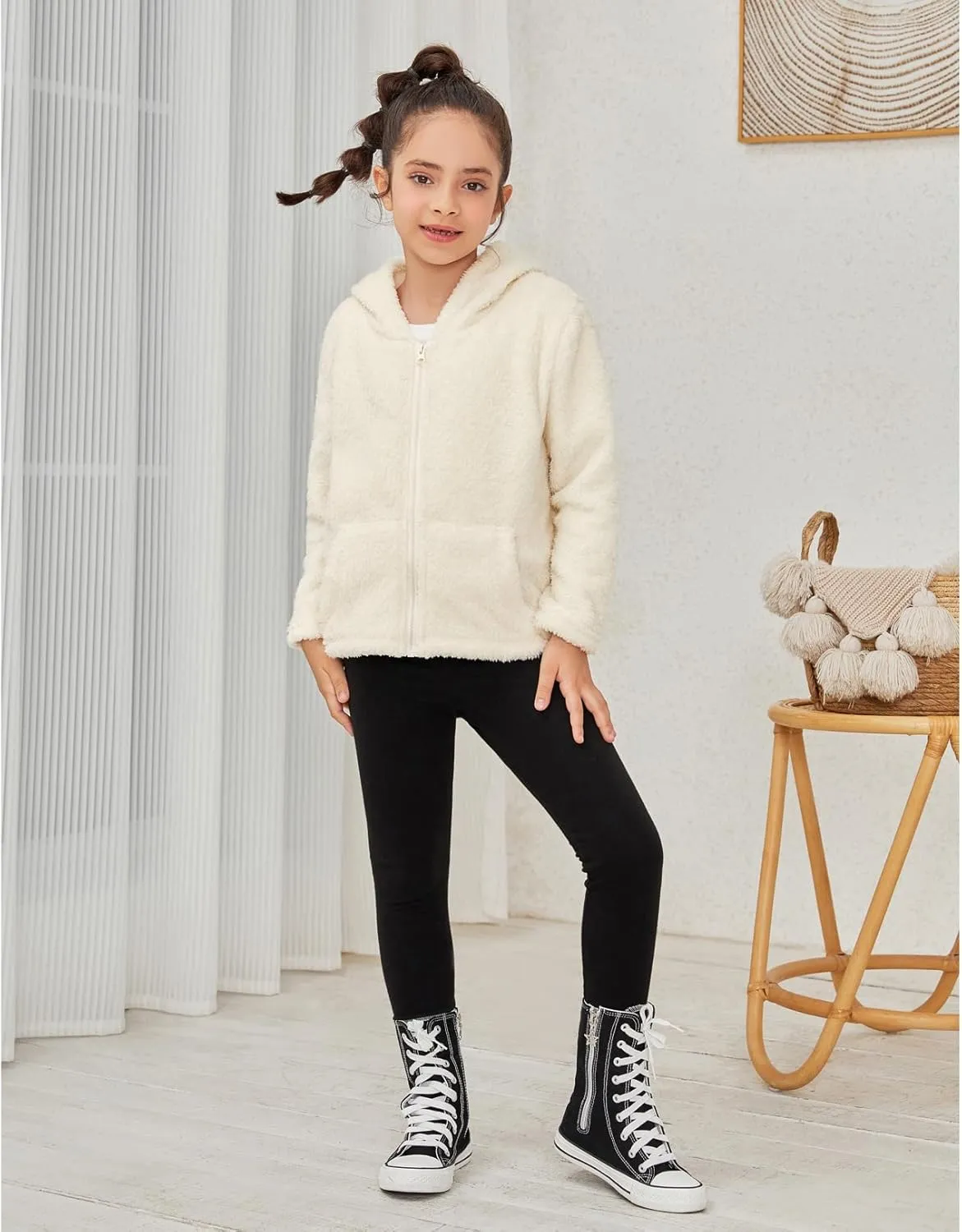 QPANCY Girls Fuzzy Sherpa Coat Full Zip Hoodie Fleece Jacket with Pockets Fall Winter Outwear