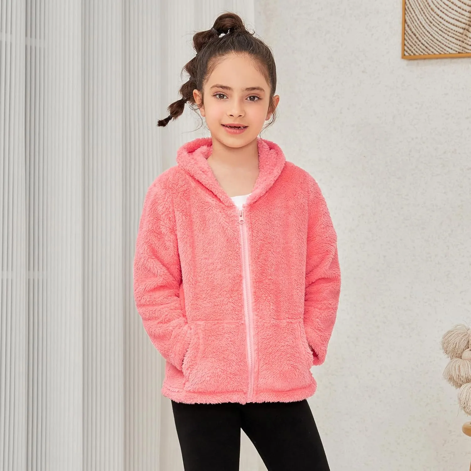 QPANCY Girls Fuzzy Sherpa Coat Full Zip Hoodie Fleece Jacket with Pockets Fall Winter Outwear
