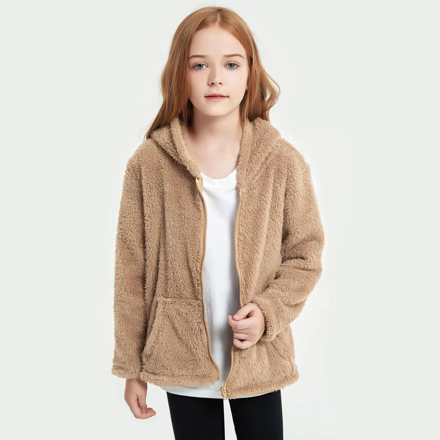 QPANCY Girls Fuzzy Sherpa Coat Full Zip Hoodie Fleece Jacket with Pockets Fall Winter Outwear